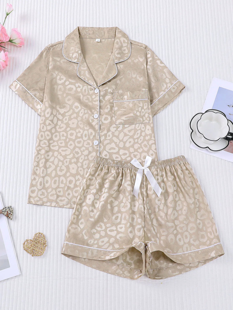 Leopard Print Summer Pajamas with Shorts Lapel Collar Tops Loungewear Sets Woman Nightwear New Ice Silk Short Sleeve Sleepwear