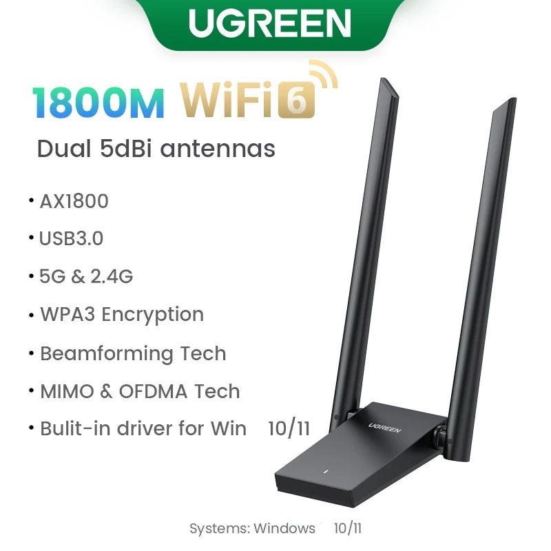 UGREEN WiFi Adapter AX1800 WiFi6 USB3.0 5G&2.4G Dual-Antenna USB WiFi for PC Laptop Wifi Antenna USB Ethernet Receiver Network