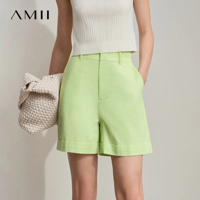 ខោខ្លីរដូវក្តៅថ្មីរបស់ Amii Minimalist សម្រាប់ស្ត្រី ខោរលុង ខោកប្បាស ក្រណាត់លីនីន បត់ដៃអាវ ខោខ្លីសម្រាប់ធ្វើដំណើរ 12542107