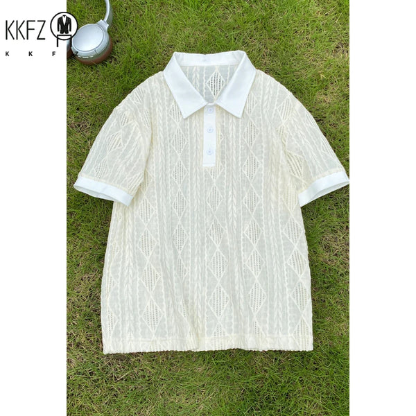 Mens Loose Oversized Diamond Pattern Polo Shirt Short Sleeve Button Placket Lightweight Fabric For Commute Multi Occasion Wear