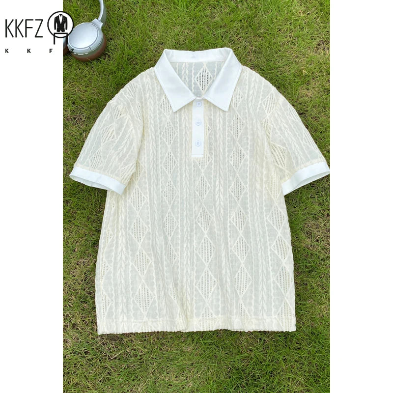 Mens Loose Oversized Diamond Pattern Polo Shirt Short Sleeve Button Placket Lightweight Fabric For Commute Multi Occasion Wear