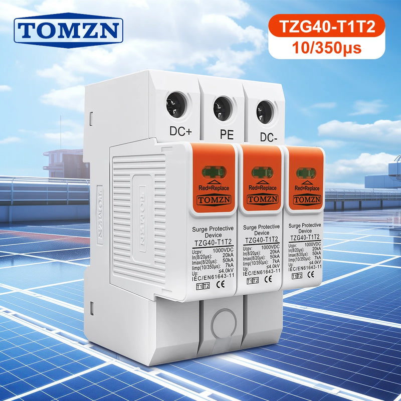 TOMZN T1T2 DC Surge Protector 1000V/1200V DC 820μs 20–50kA 10350μs 7kA Low-voltage Surge Arrester Device for PV Household Use