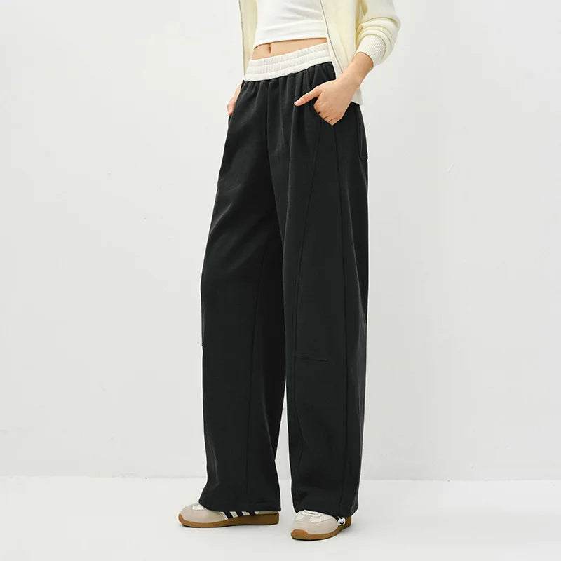 Semir Fleece Pants Women 2026 Spring Color Block Banana Wide Leg Split Design Casual Comfortable Stylish Sweatpants