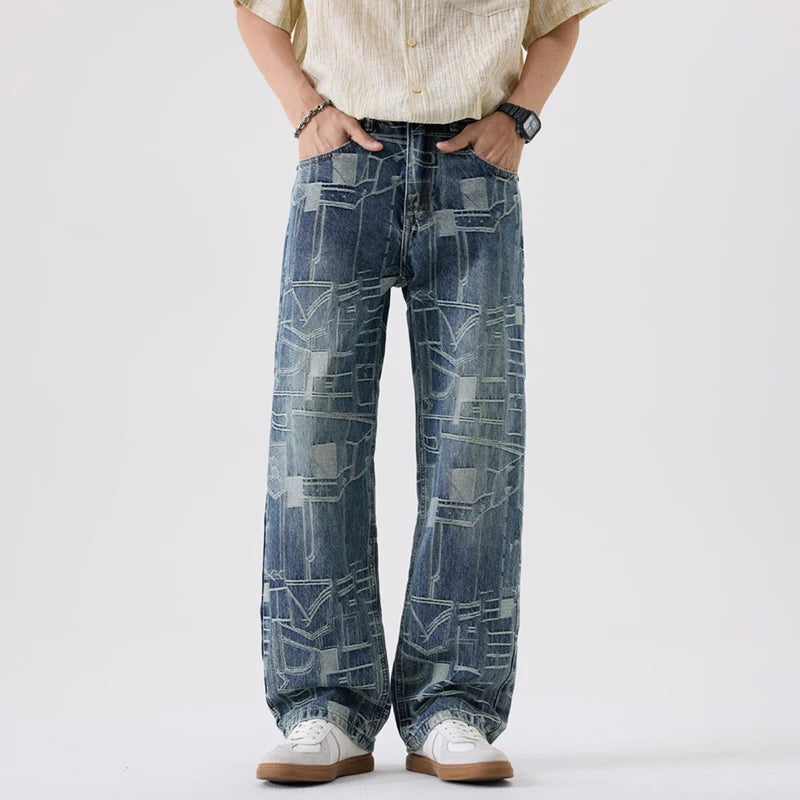 2026 Autumn New Trend Geometric Pattern Vintage Washed Jeans for Men Clothing Cotton Comfort Male Pants AG7376