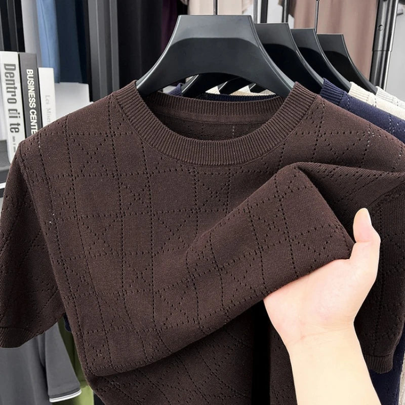Men's Linen Blend Short Sleeve Sweater | Lightweight Breathable Hollow Out Knit | Summer Crew Neck Cool T-Shirt Top