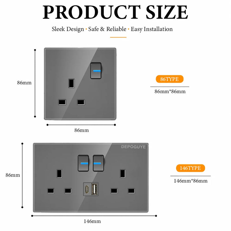 Grey Tempered Glass UK Standard 13A Wall Switch Socket with LED USB Type-C TV CAT6 Data Outlet British Electrical Wall Panel