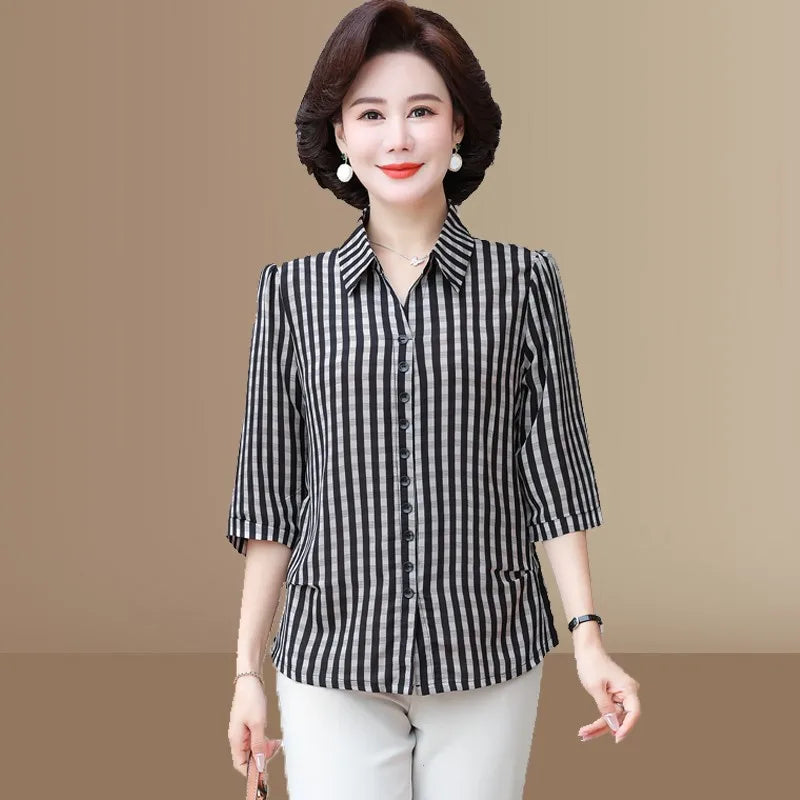 អាវ យឺត ក បើក ចុះ ថ្មី ឆើតឆាយ មាន លំនាំ ក្រឡា រលុង ប៊ូតុង សម្រាប់ នារី ម៉ូដ ធម្មតា ដៃ ពាក់ កណ្តាល សម នឹង អាវ នារី គ្រប់ ម៉ូដ