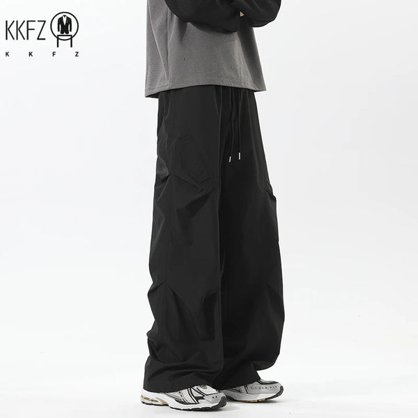 Male Fashion Cargo Pants Elastic Drawstring Waist Pleated Structure Wide Leg Silhouette For Trip Gathering And Street Wear