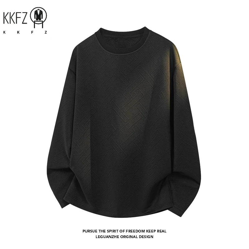 Mens Round Neck Long Sleeve Top Geometric Raised Texture Jacquard Fabric Loose Fit For Office Commute Leisure Outfit