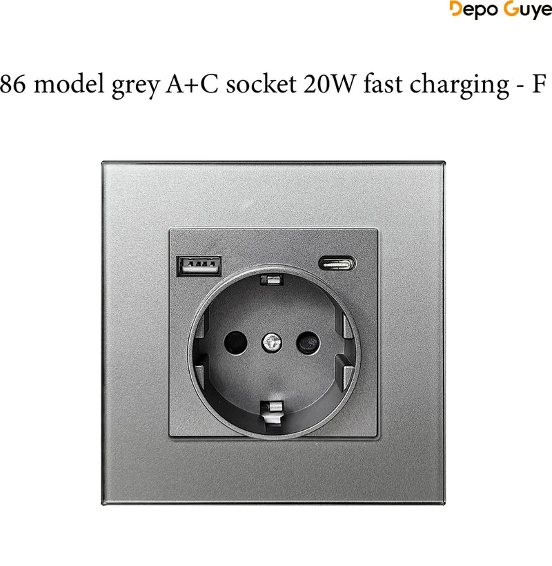 EU Standard 86x86mm Tempered Glass Wall Socket 16A Power Outlet with 5V 2A USB Type C or Dual USB for Home Hotel Office