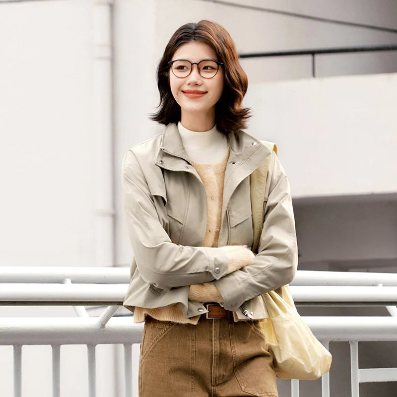 Semir Minimalist Jacket Women Spring Stand Collar Drawstring Windproof Waterproof Stain-Resistant Casual Commute Top