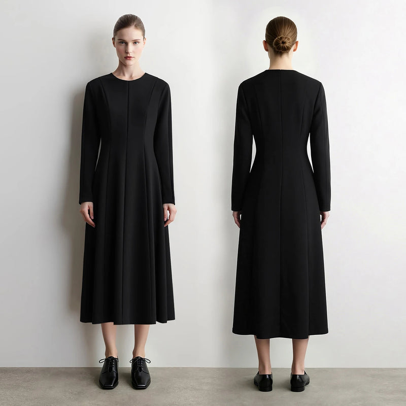 Amii Slim Dress Woman 2026 Autumn New O-Neck Stretch Long Sleeve Midi Dress Elegant Waist Cinched Casual Woman Clothes 12623013
