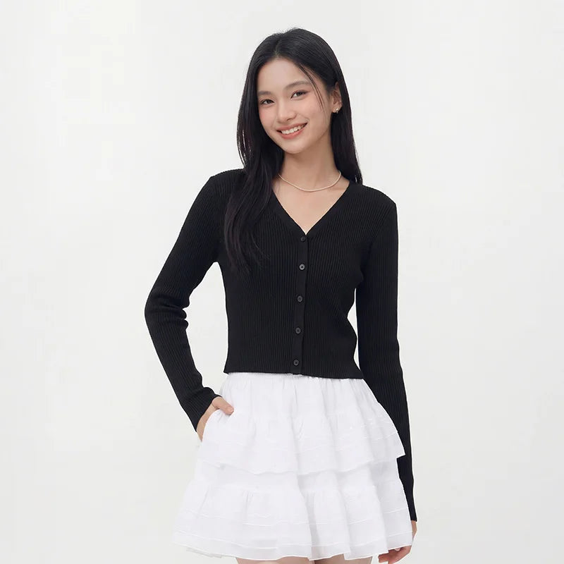 Semir Women Cardigan Short Slim Solid Lace V Neck Regular Shoulder Simple Layered Top 2026 Soft Breathable Fashion Wear