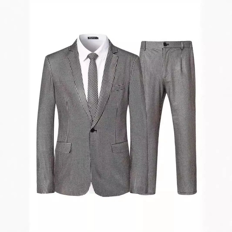 2026 Rainbow Color Men's Striped Suit Two-Piece, Fashion Suit Jacket and Pants, Green Silver Sets (Light Thin Stretch Fabrics)