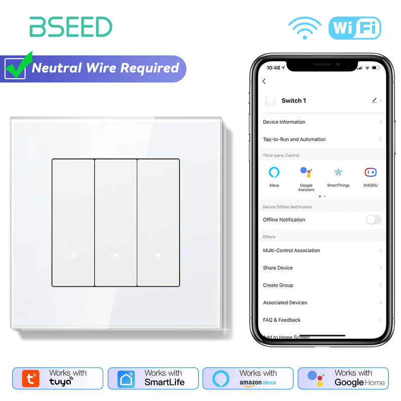 BSEED 1/2/3/4Gang 2Way WIFI Light Switch Smart Click Button Switch Glass Panel LED Indicator Support Tuya Smart Life Google Home