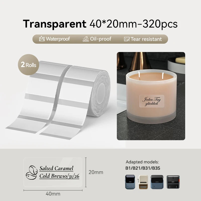 2 Rolls NIIMBOT B1 B21 B3S Thermal Label Clothing Price Food Self-adhesive Tag Waterproof Office Pocket Printer Label Paper