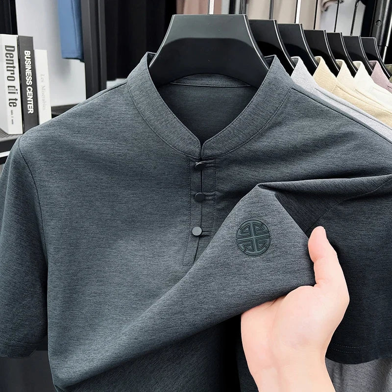 Mens Casual Short Sleeve Henley Shirt Mandarin Collar Frog Button Chinese Style Embroidered Summer Top