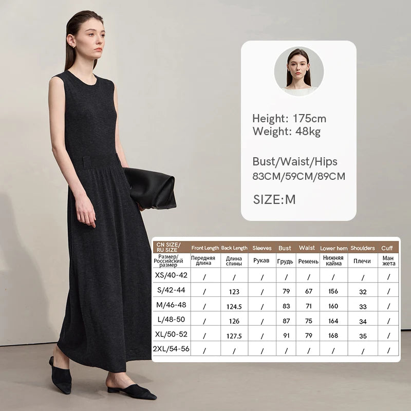 AMII Midi Dresses 2026 Autumn New Knitted Cardigan Sleeveless Long Dress Round Neck Solid Elegant Loose Ladies Clothing 12543209