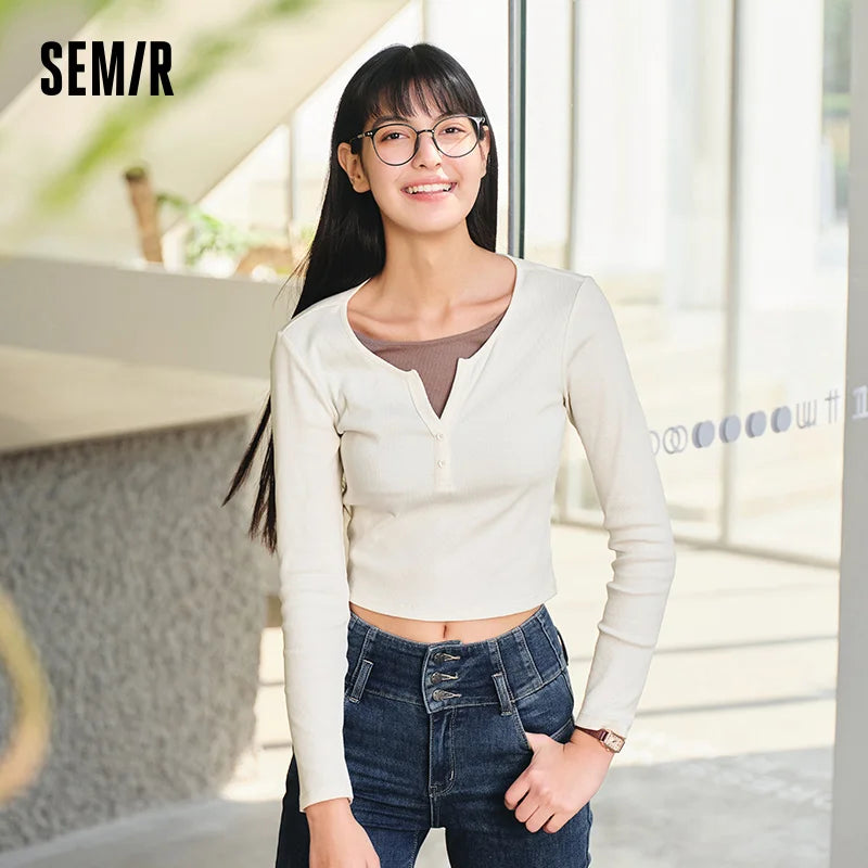 Semir Women Tshirt Cropped Mock Layer Colorblock Slim Fit Long Sleeve 2026 Shoulder Fit Knitted Urban Casual Everyday Top