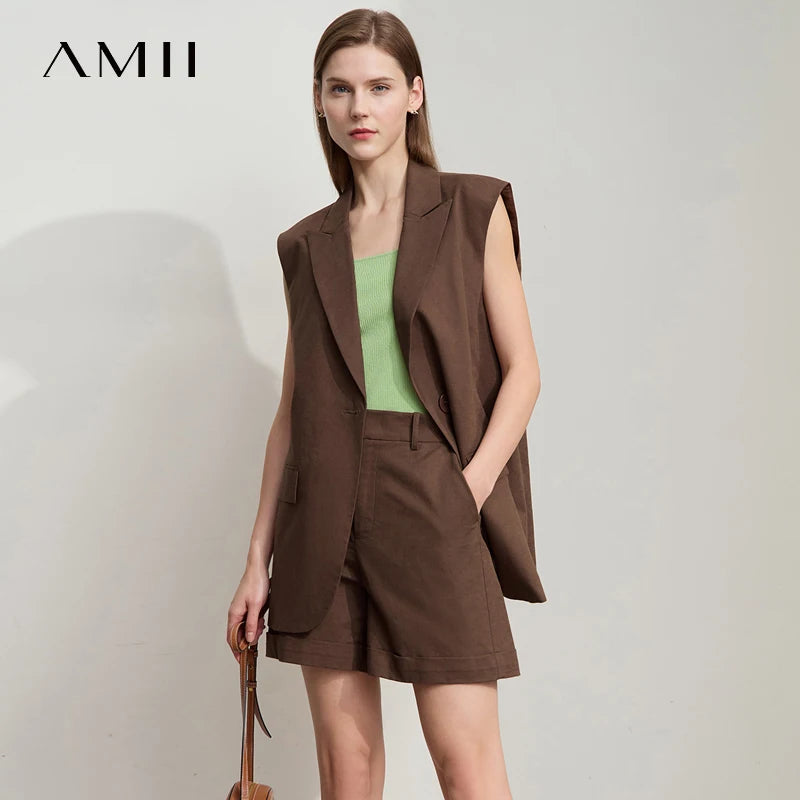 ខោខ្លីរដូវក្តៅថ្មីរបស់ Amii Minimalist សម្រាប់ស្ត្រី ខោរលុង ខោកប្បាស ក្រណាត់លីនីន បត់ដៃអាវ ខោខ្លីសម្រាប់ធ្វើដំណើរ 12542107