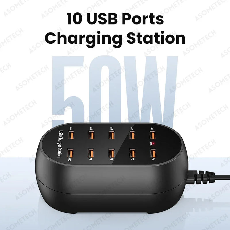 ស្ថានីយសាកថ្ម USB 10 រន្ធ 50W ឧបករណ៍សាកថ្មកុំព្យូទ័រលើតុ មជ្ឈមណ្ឌល USB ច្រើនរន្ធ សម្រាប់ iPhone 16 15 Pro Samsung ថេប្លេត iPad ឧបករណ៍ច្រើន