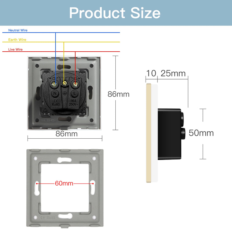BSEED France Standard Wall Electrical Outlet USB Type-C Charge Port Glass Panel 20W Fast Charge French Socket 110-250V