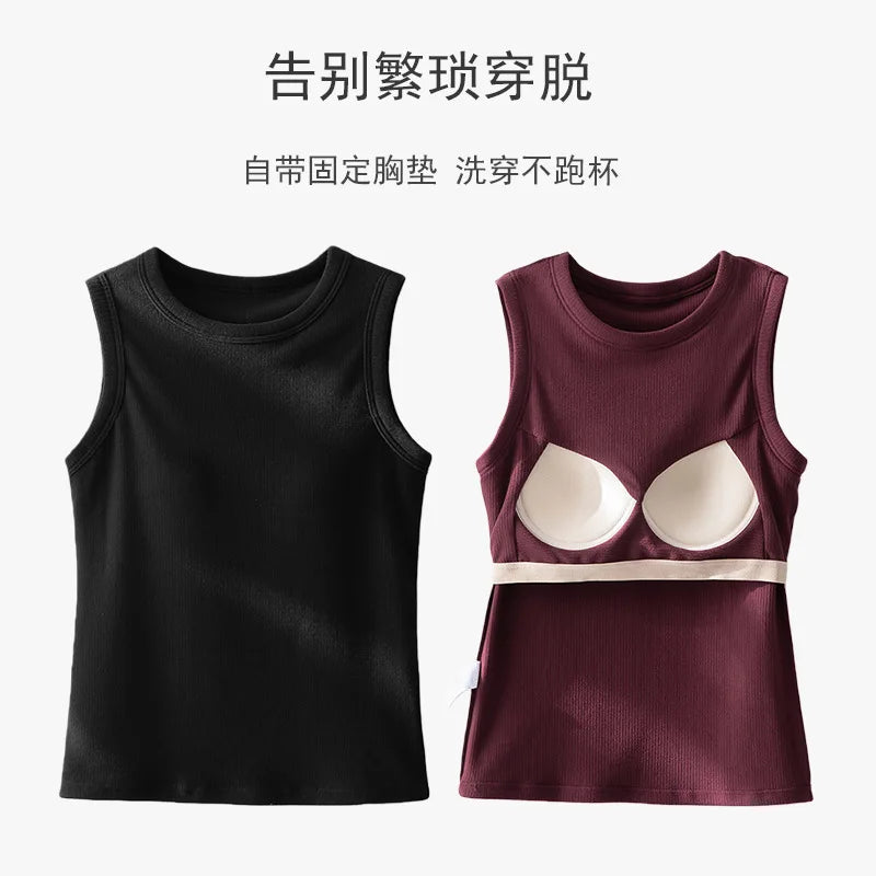 Threaded Autumn Winter Vest Inner Women's Warm Fixed Cup with Bra Pad Underwear Top Casual Sleeveless Sleepwear Pajamas 1 Pc