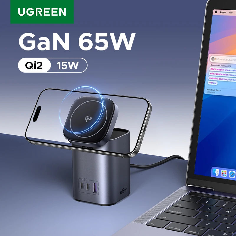 UGREEN GaN 65W Desktop Charger Qi2 15W Magnetic Wireless Charger Stand For Laptop Macbook Air iPhone 18 17 Pro Samsung Xiaomi
