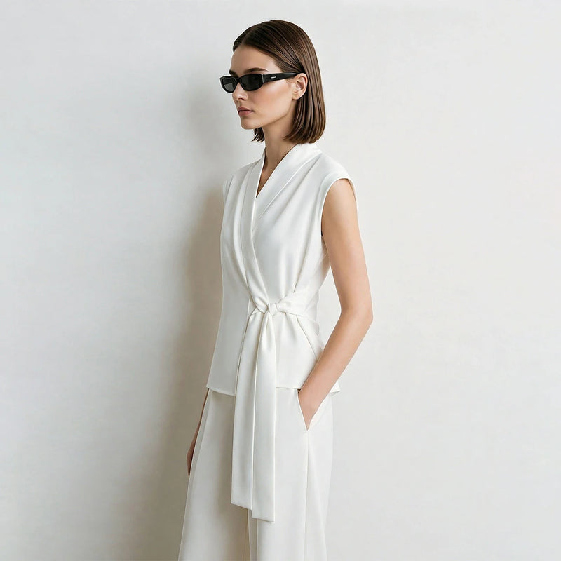 Amii Elegant Women's Blouse 2026 Summer New V-Neck Sleeveless Chiffon Top Satin Spliced Office Flowy Shirt For Women 12642213