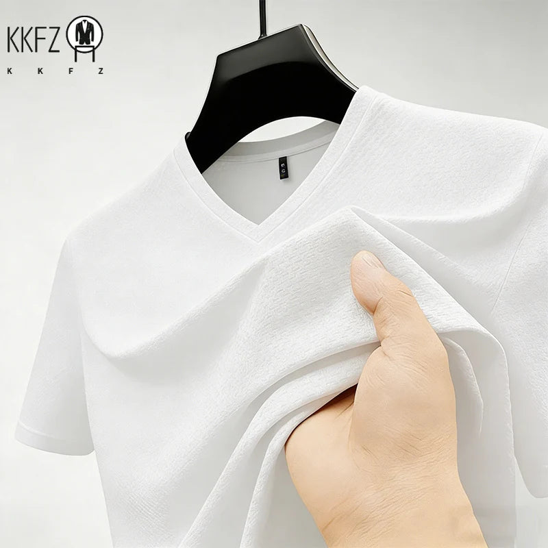 Premium Men's Business Casual V Neck T-Shirt Ice Silk Lightweight Breathable Summer Tops