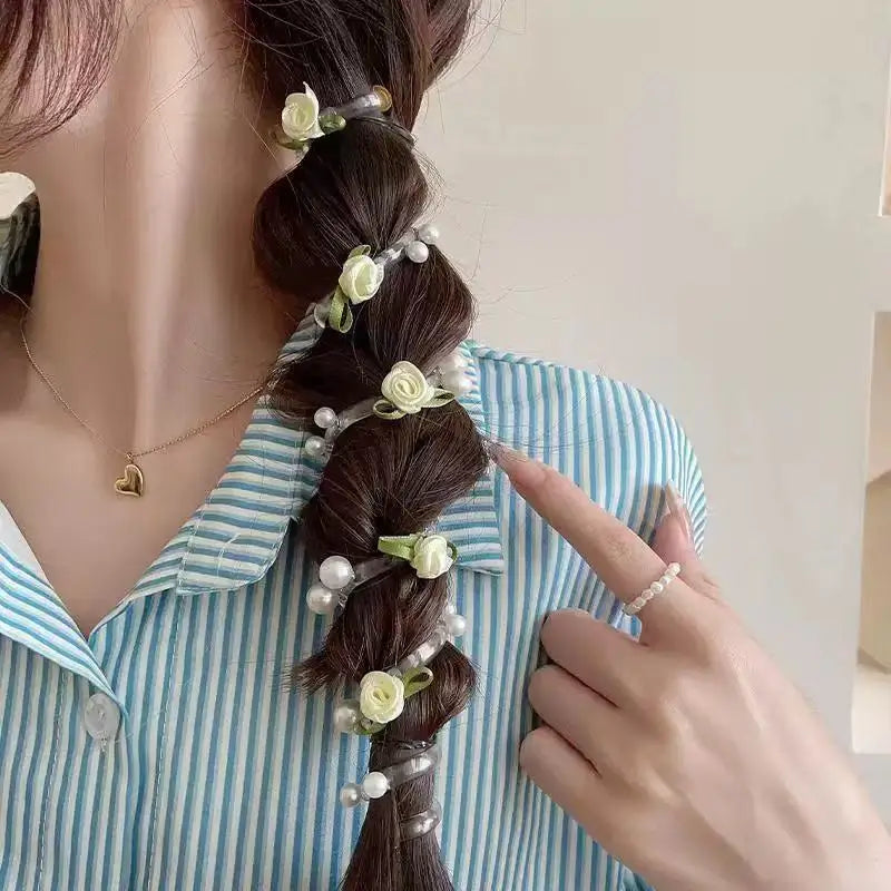 New Sweet Butterfly Rose Bead Phone Line Hairband Ponytail Bubble Braid Artifact Braiding Rope Hair Tie Headwear