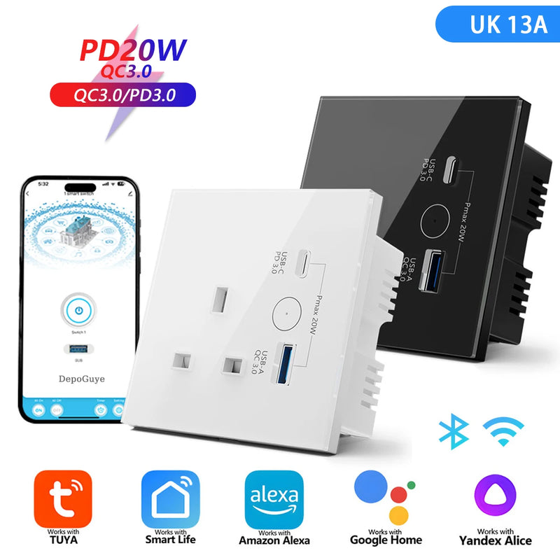 UK WiFi Smart Tuya USB Type-C 20W Fast Charging Socket Glass 13A Outlet Touch Switch Wireless Charge Work with Alexa Google Home