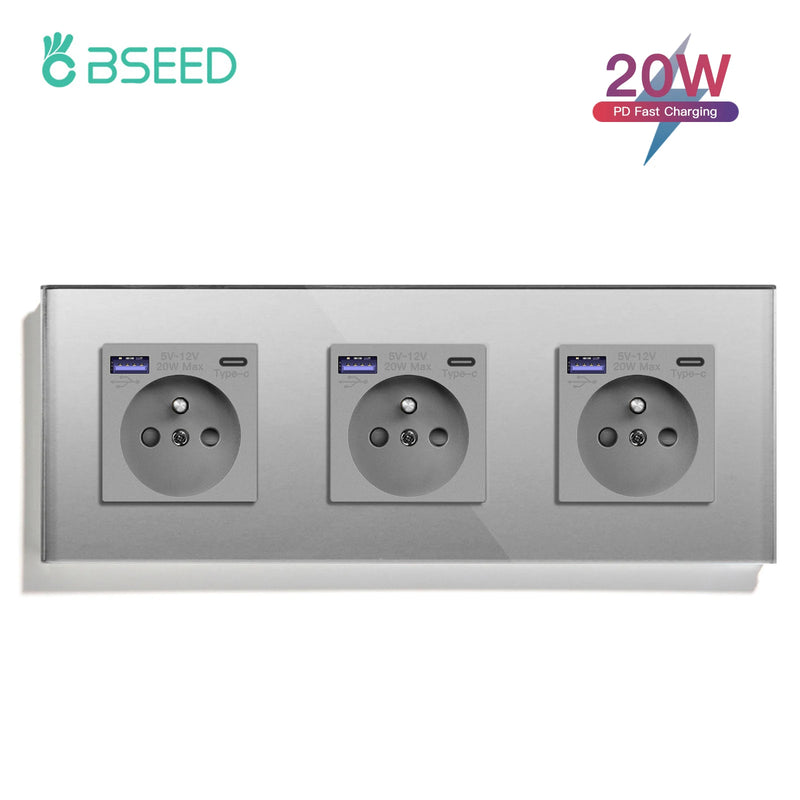 BSEED French Standard 20W Fast Charge Port Wall Power Socket Double France USB Type-C Electrical Outlets Crystal Glass Frame 16A
