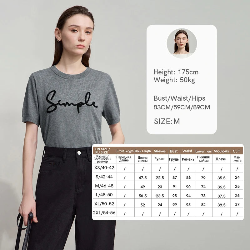 AMII Woman T-Shirts 2026 Summer Letter Jacquard Round Neck Knitted Crop Top Casual Short Sleeve Tee Women Clothes 12523051