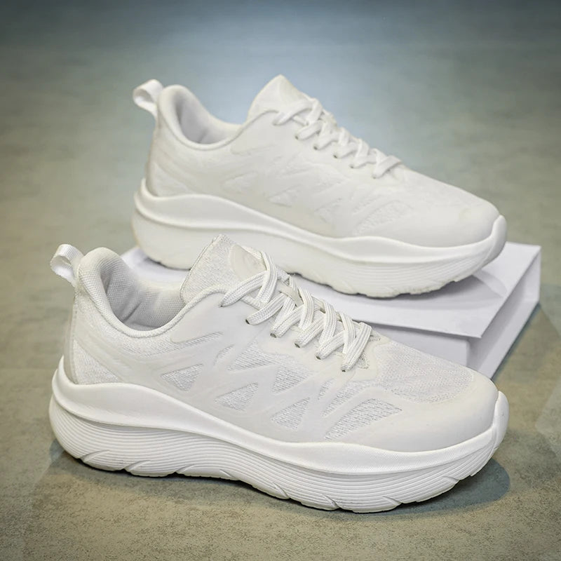 Men Women All White Thick Cushioned Running Shoes Lightweight Breathable Mesh Platform Sneakers Non Slip Athletic Walking Shoes