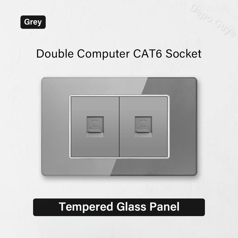 Type 118 Grey Tempered Glass Panel EU Wall Light Switch,Europe Wall Socket With USB Type-c 18W Quick Charge Outlet 118*75mm