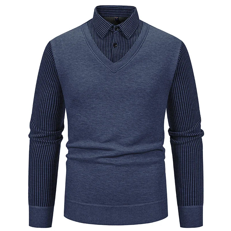 Daily Casual Male Knitted Pullover Fake Two Piece Waistcoat Fleece Lined Vertical Stripe Shirt Collar Slim Long Sleeve Garment
