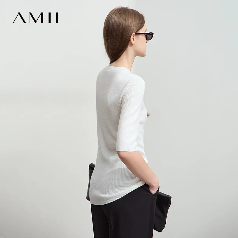 អាវយឺតប៉ាក់ Amii Minimalism សម្រាប់ស្ត្រី 2026 រដូវស្លឹកឈើជ្រុះ ដៃមធ្យម ក រាងអក្សរ O អាវផាយដែលអាចបត់បែនបាន អាវប៉ាក់ស្លីម 12541082