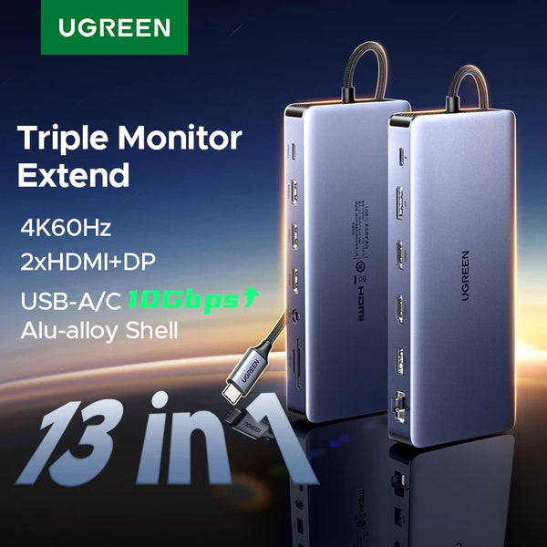 UGREEN 13-in-1 USB HUB Triple Display Type-C to 4K60Hz DP 2xHDMI RJ45 SD/TF 3.5mm 10Gbps Data Ports Dock for Dell HP Laptop