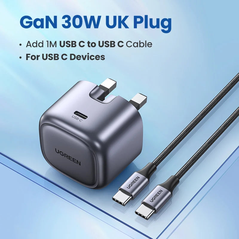 UGREEN GaN 30W Fast Charger With 1m 100W Cable for iPhone 15 14 13 PD3.0 Charger for iPad Pro Samsung Xiaomi USB C Phone Charger