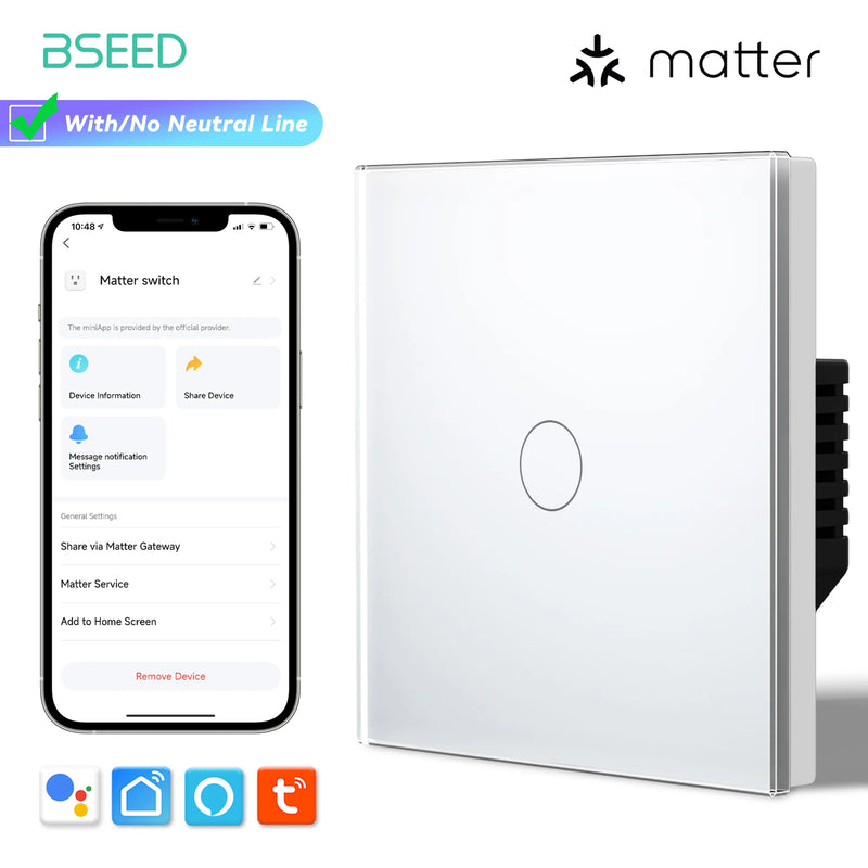 BSEED Matter Smart Touch Light Switch No Neutral Wire &Neutral Wire Work With Apple Home Tuya APP Google Assistant Voice Control