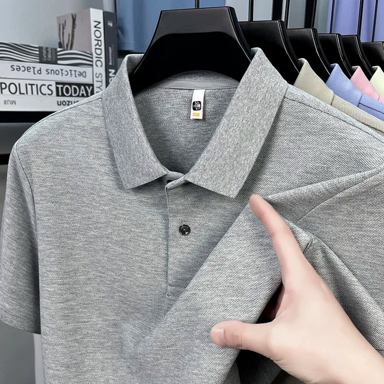 Men 100% Mercerized Cotton Polo Shirt Solid Short Sleeve Casual Business Tops Odor Resistant Premium 205g Summer
