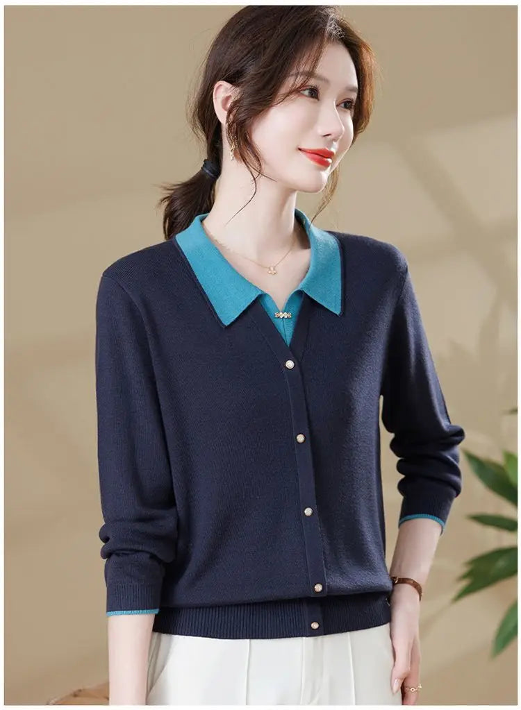 Fake Two Piece Sweater For Women Lapel Long Sleeve Tops Spring Autumn Knitwear Jumper Basic Wear Pullover Mother Clothing