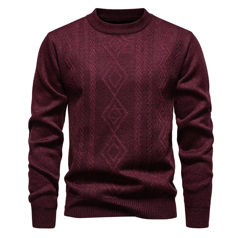 Wind Resistant Men Knitted Sweater Stretch Rib Hem Vertical Twist Jacquard Fleece Lined Office Daily Long Sleeve Top