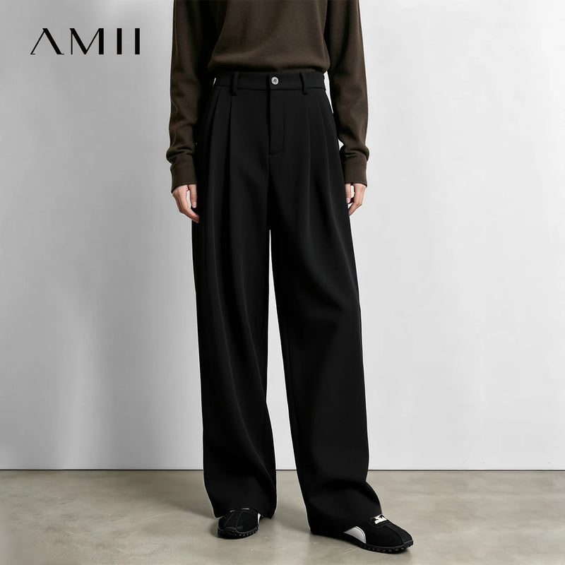 Amii Women's Wide Leg Pants Loose Fit Pleated Front Warm Casual Commuter Versatile Winter Trousers 2026 Woman Clothing 12644001
