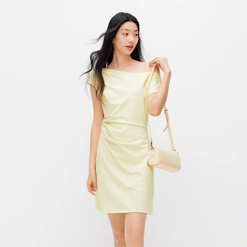 Semir Women Dress One Shoulder Oblique Neck Waist Pleated Solid Cool Feeling Mini 2026 Summer Minimalist Temperament Fashion Top