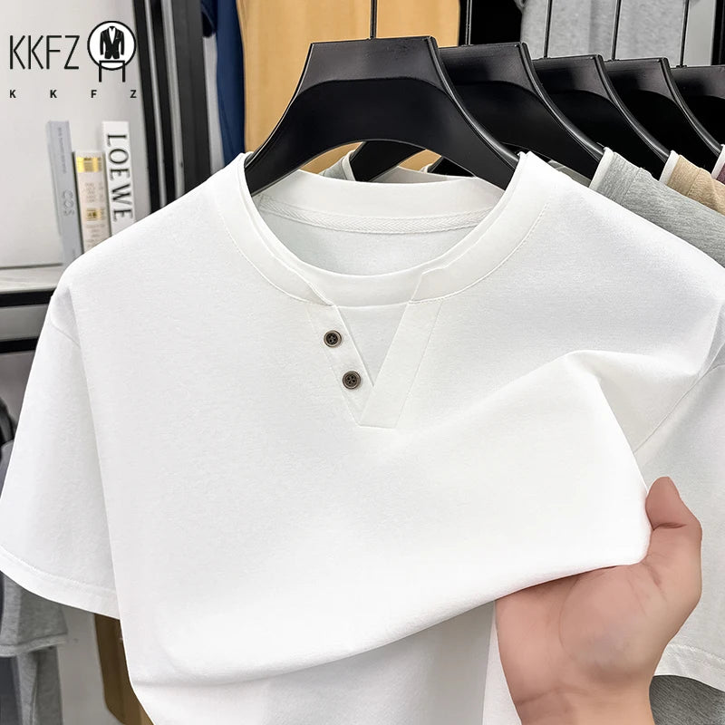 Mens Fake Two Piece Short Sleeve T Shirt Henley Neck Tops Casual Button Detail Tees For Men Daily Street Style Outfits