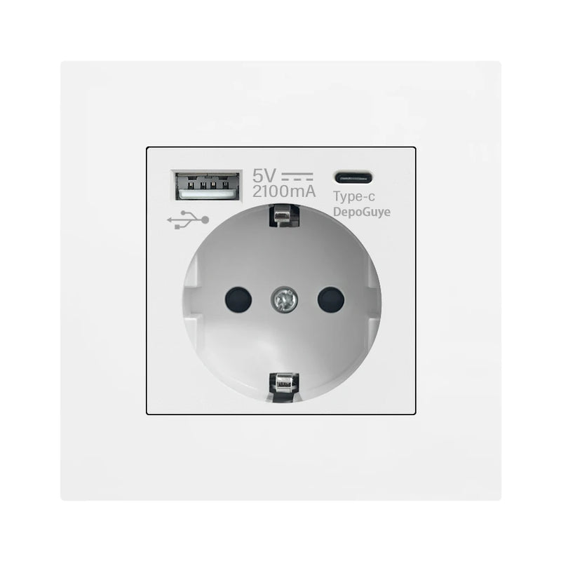 EU Standard Double USB Wall Power Socket,Electrical Socket Wall Plug with Type-c Usb Fast Charing Port 16A PC Panel Outlet 220V