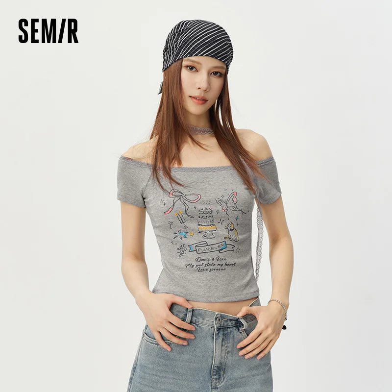 Semir Women Tshirt Lace One Shoulder Print Slim Cropped Top 2026 Summer Trendy