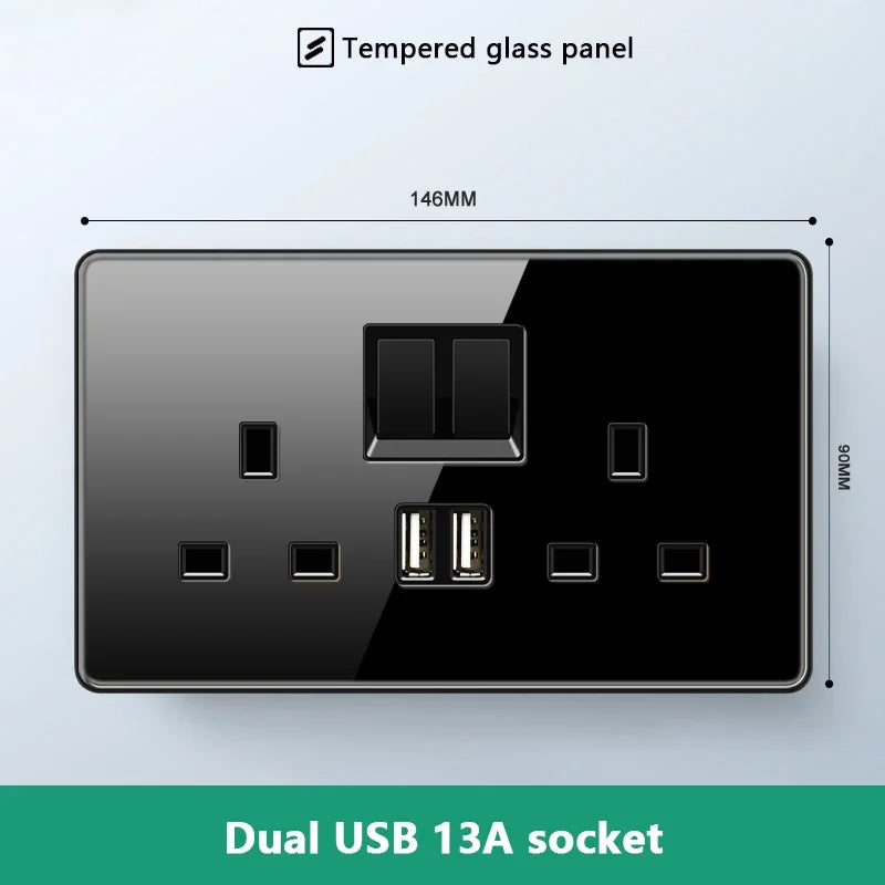 UK 13A Wall Socket with Type-C 18W Fast Charging Plug Socket,Glass Panel Power Double Universal Outlet with Quick USB C charge
